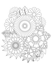 Flowers Leaves Coloring page Adult.Contour drawing of a mandala on a white background. Vector illustration Floral Mandala Coloring Pages, Flower Mandala Coloring Page, Coloring Page For Adul