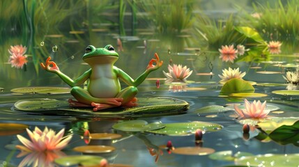 In a serene pond, the cartoon frog practices yoga, perfectly balanced on a lily pad, surrounded by tranquil water lilies.