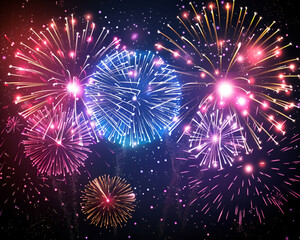 Fireworks flashes in the dark blue sky. Pink and blue festive fireworks lights. Festive background for New Year,Christmas,birthday.