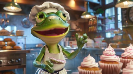 In a bustling kitchen, the cartoon frog dons an apron and chef's hat, expertly whipping up a batch of delicious cupcakes.