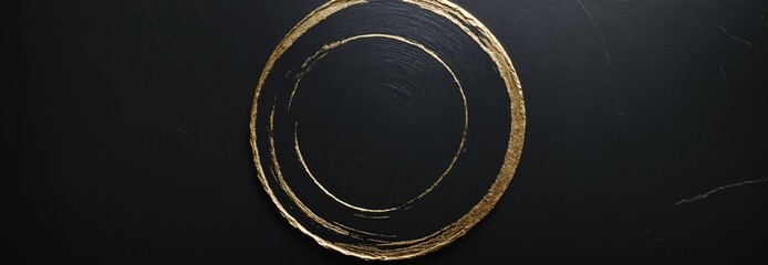 Black panoramic texture background with golden round concentric pattern