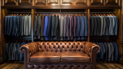 Obraz premium Couch, brown sits in front of a row of hanging suits