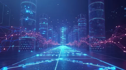 Fotobehang futuristic genetic research cityscape, with secure data towers, virtual genetic networks, and a watchful AI overseeing the safeguarding of genetic information © Tina