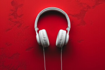 White headphones on top of red background with red wall stylish audio accessory concept