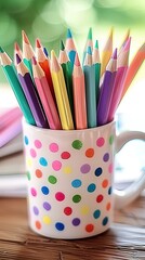 A cup of colored pencils, on the table is white with colorful polka dots