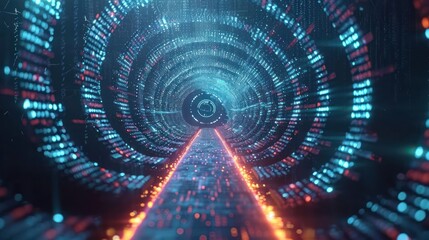 Fototapeta premium genetic cybersecurity scene with futuristic code streams converging into a secure gateway