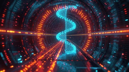 Fototapeta premium genetic cybersecurity scene with futuristic code streams converging into a secure gateway
