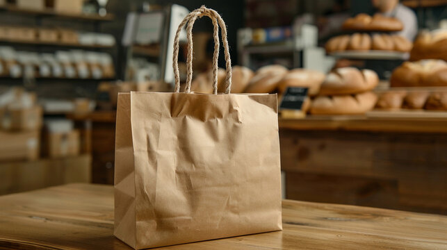 a craft paper bag on the table of an intdoor cafe, bakery and pastry shop.