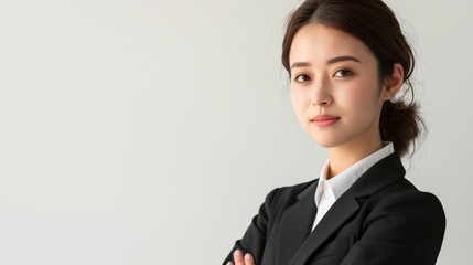 スーツを着て腕を組む若い日本人女性 - obrazy, fototapety, plakaty