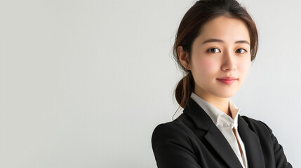 スーツを着て腕を組む若い日本人女性 - obrazy, fototapety, plakaty