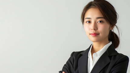 スーツを着て腕を組む若い日本人女性