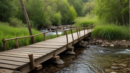 Obraz premium Tranquil wooden bridge over a serene creek