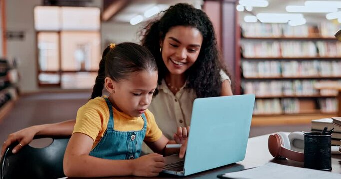 School, tutor or girl in a library with laptop for elearning, knowledge or development for future growth. Lady teacher, education or child student typing online with parent, mother or woman for help