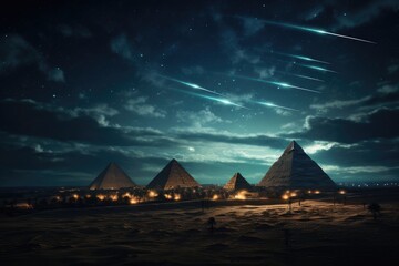 Nighttime shot with the pyramids illuminated.