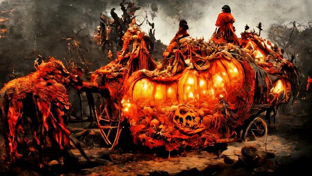 rotten Halloween pumpkin carriage and circus caravan with zombies and undead horses in a dark forest in the Halloween night by the fullmoon. AI-generated of digital painting