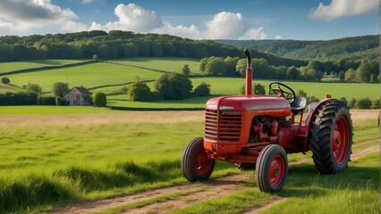 Red tractor plowing in a lush green field