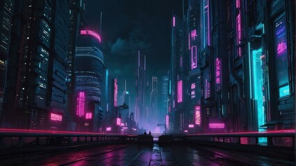 Futuristic city skyline in a neon cyberpunk style