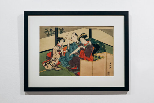 Nice, France - 19 November 2023 : Illustration for a book, by Kitao Shigemasa, reprint from the Showa era, 1st half of the 20th century, polychrome woodcut on paper