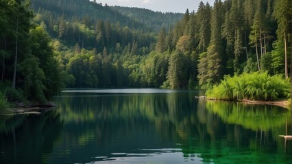 Tranquil forest lake surrounded by trees