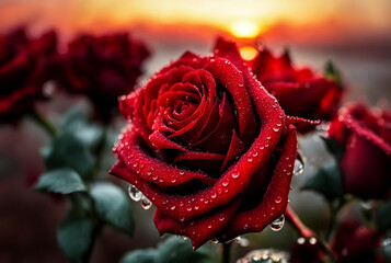 Luxurious red rose with drops on the petals against the backdrop of a colorful sunset