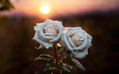White roses with drops on the petals against the backdrop of a colorful sunset