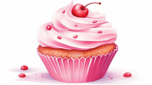 Greeting card with watercolor cupcake and cherry. With place for your text. (Use for Boarding Pass, invitations, thank you card, Birthday card)