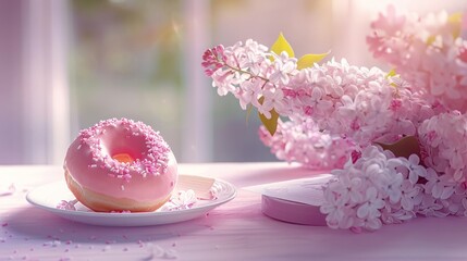 Obraz na płótnie Canvas Delicate morning light highlights a Mothers Day breakfast surprise with a pink donut a handwritten card and a bouquet of lilacs against a gradient background