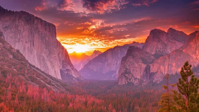 Tunnel View overlook at golden hour in Yosemite National Park. El Capitan and Half Dome at red sunset. Summer american holidays. California, United States.