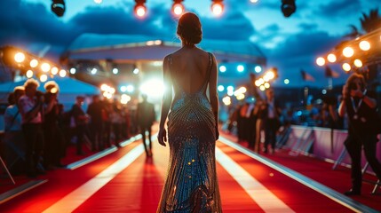 Elegant woman in designer evening gown walks down the red carpet illuminated by flashing camera lights with Cannes Palais des Festivals in the background