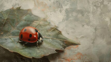 Focus on the quiet beauty of a ladybug as it crawls along a textured leaf, its bright red shell contrasting with the soft, muted tones of its surroundings.