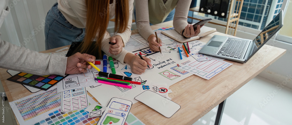Wall mural brainstorm team of creative web graphic designer planning, group of mobile phone app developer team 