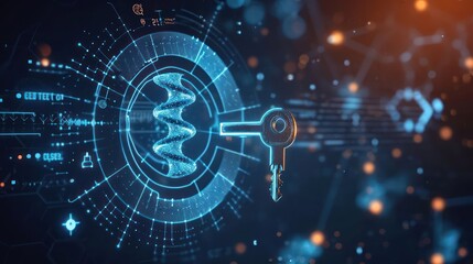 medical genetic cybersecurity scene, with a digital key unlocking layers of protection around genetic information, emphasizing proactive measures in securing sensitive data