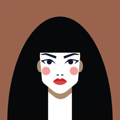 Minimalist Woman Portrait. Flat Vector Design Style. Trendy Colorful Illustration. Female Face Avatar Isolated Icon. Colorful Abstract Cartoon Character Person. Bold Glamour People Lifestyle Symbol.