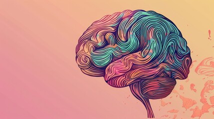 Hand-drawn brain with colorful swirling patterns stands against a muted gradient backdrop symbolizing the complexity of mental wellness