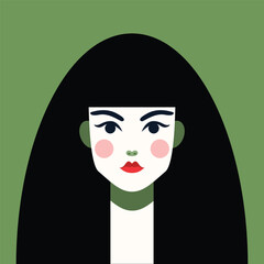 Minimalist Woman Portrait. Flat Vector Design Style. Trendy Colorful Illustration. Female Face Avatar Isolated Icon. Colorful Abstract Cartoon Character Person. Bold Glamour People Lifestyle Symbol.