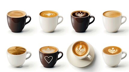A collection of coffee cups showcasing different latte art designs, each with its own unique pattern of frothy milk on a rich espresso base..