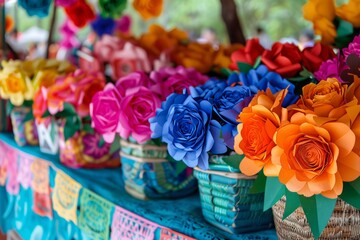 Fototapeta na wymiar Market stallholder sells handmade paper flowers in brilliant hues the vibrant backdrop for Cinco De Mayo celebrations with empty space for text