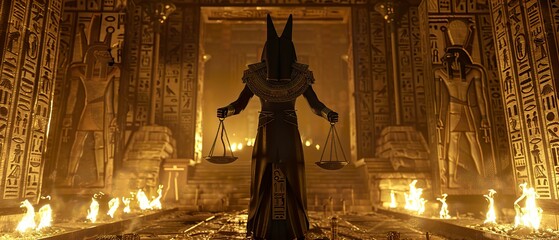 Anubis, God of the Underworld, holding the scales of judgment, surrounded by ancient hieroglyphs and torch-lit chambers, in a mystical 3D render