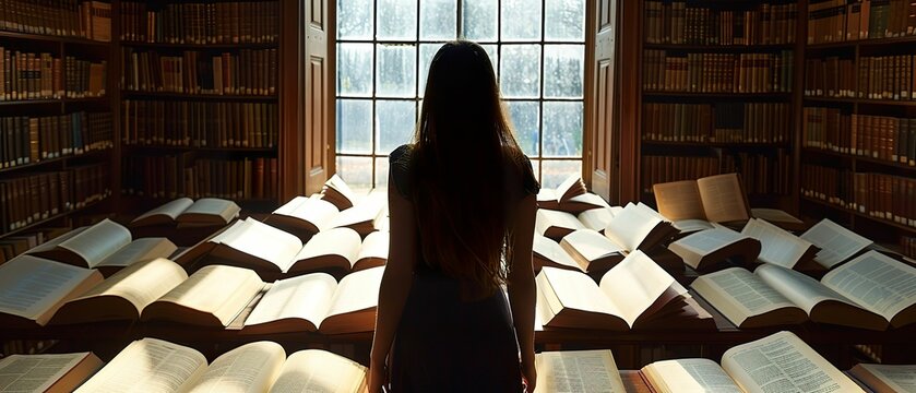 Books, open pages fluttering, in a society where thoughts are shared openly, a library stands as a bastion of individuality, Silhouette shot
