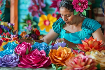 Market stallholder sells handmade paper flowers in brilliant hues the vibrant backdrop for Cinco De Mayo celebrations with empty space for text