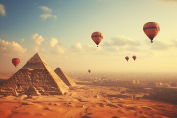 Hot air balloons floating above the pyramids.