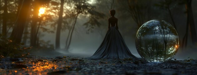 Crystal Ball, Gown, Mysterious Seer, Standing at the Edge of a Dark Forest, Evening Mist, 3D Render, Golden Hour, Depth of Field Bokeh Effect, Long shot - obrazy, fototapety, plakaty