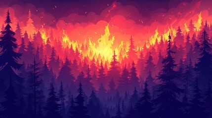 powerful nature concept illustration, featuring a raging wildfire in a forest - obrazy, fototapety, plakaty