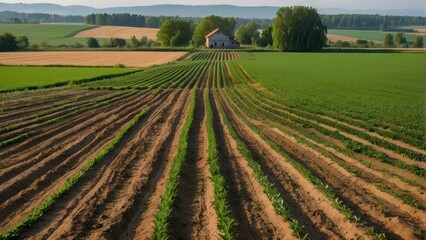 Rural landscape with plowed fields and farm