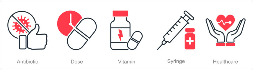 A set of 5 Pharmacy icons as antiboitic, dose, vitamin - obrazy, fototapety, plakaty