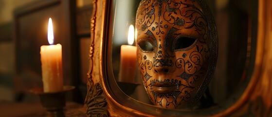 Enigmatic mask, intricate designs, mysterious aura, reflection in a mirror unveiling conflicting emotions and dual identities, set in a dimly lit room with a single candle