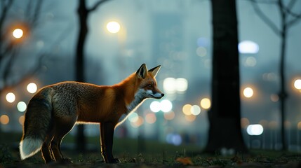 Fox, with white fur patches, exploring a city park at night, under streetlights, realistic, silhouetted against the urban skyline, with a shallow depth of field bokeh effect, Dolly zoom effect - obrazy, fototapety, plakaty