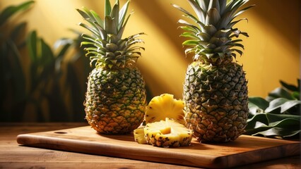Sliced pineapples on a wooden cutting board
