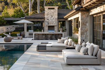 A chic outdoor living space with plush sofas and loungers by a glistening pool. - obrazy, fototapety, plakaty