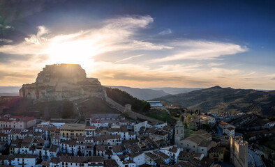 Aerial view of Morella, Spain, considered one of the most beautiful pueblos in the country